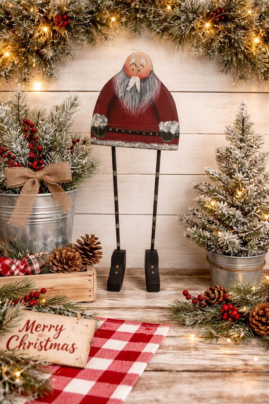 Vintage Hand Painted Wooden Folk Art Santa Long Legs Bald 7" High